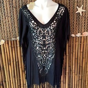 ELAN Embroidered Fringe Cover-Up Dress
